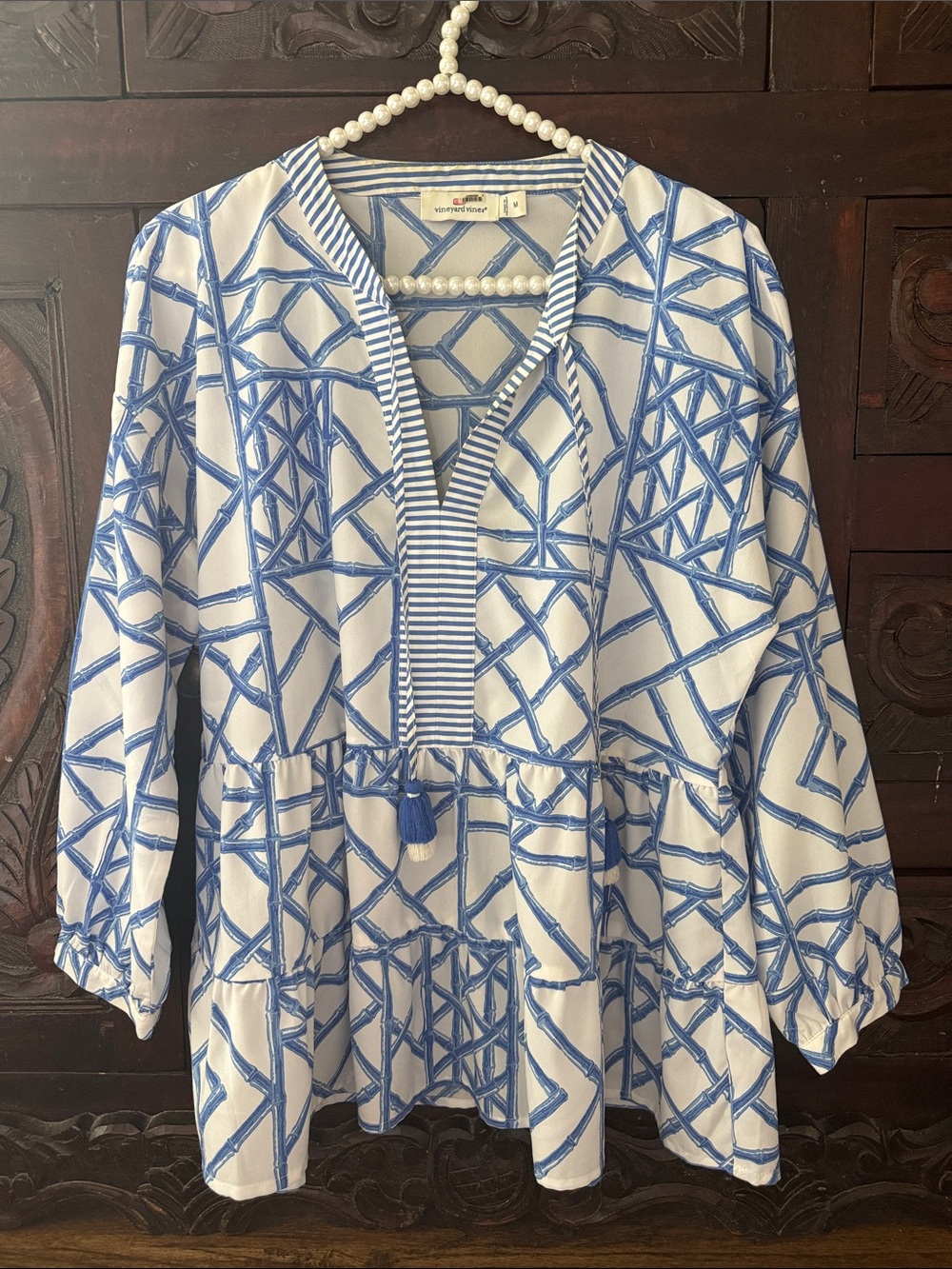 Vineyard Vines White Tunic with Blue Geometric Print